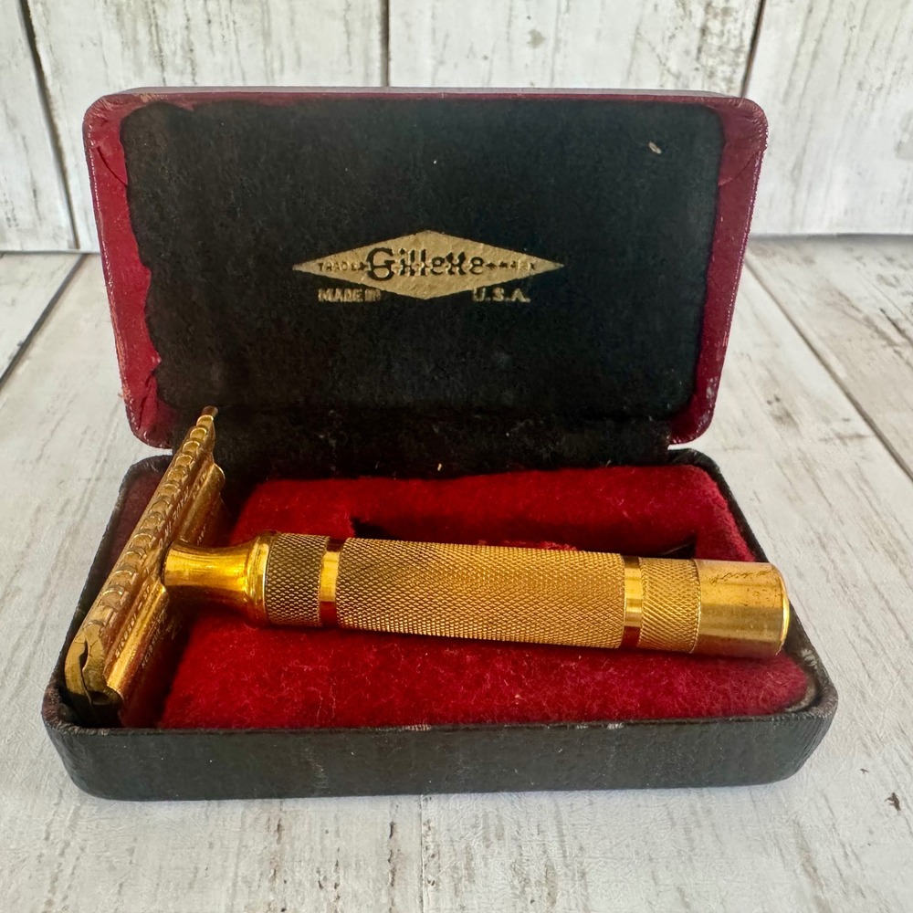 Vintage 1930s Gillette Gold Tone Open Comb Safety Razor with Original Case USA